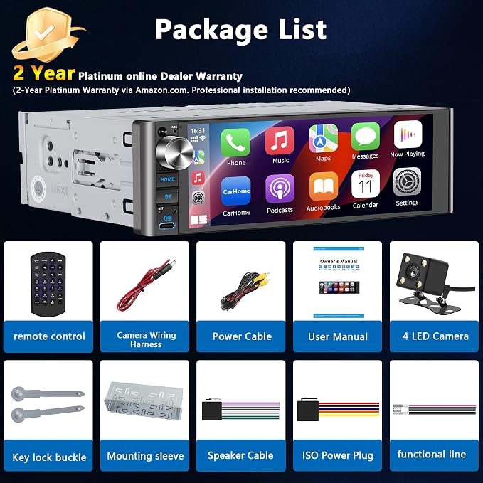 LSLYA Single Din Car Stereo with Wireless Apple CarPlay & Android Auto – 240W Output, 2 Subwoofer Ports, 4-Channel RCA, USB/Type-C, Bluetooth, SWC, Front & Backup Camera – Standard Single DIN Size