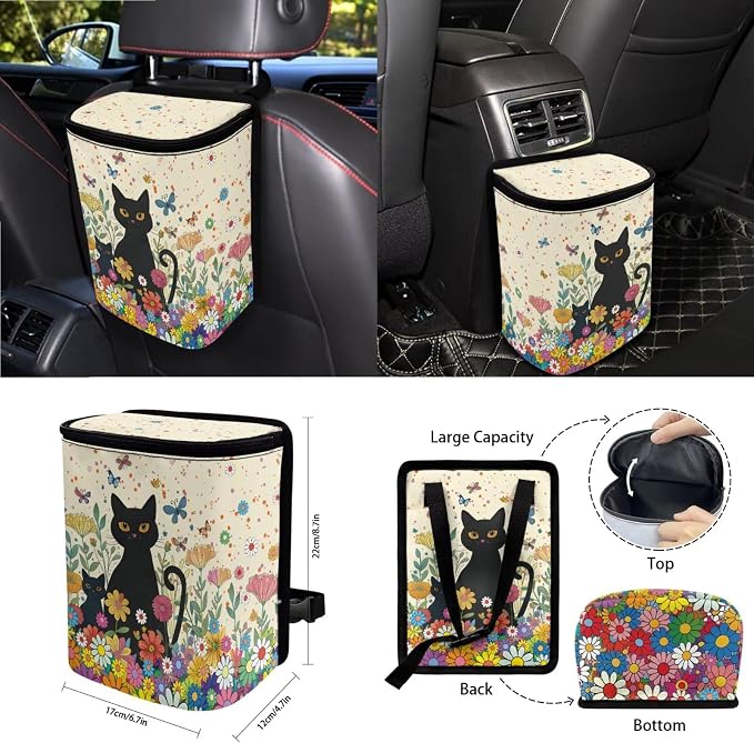 Cat Flower Print Car Seat Covers Full Set with Steering Wheel Cover for Women Decorative Safety Belt Pads Inside Rearview Mirror Cover Garbage Bag Car Air Vent Organizer, Beige