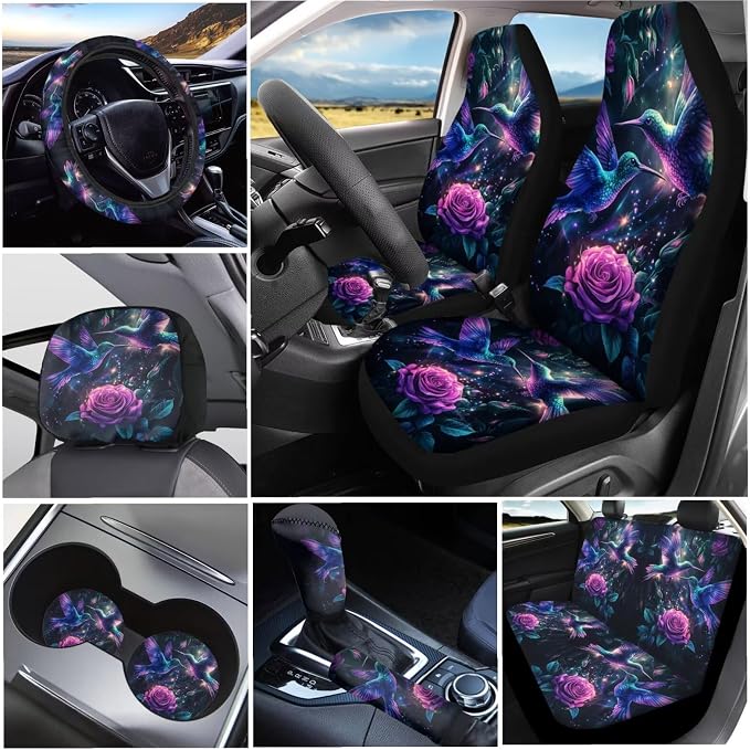 KEIAHUAN Purple Rose Hummingbird Car Seat Cover Full Set for Women with Steering Wheel Cover/Cup Coasters/Gear Shift & Handbrake Cover/Headrest Cushion Pads Fit Most Van Sedan Truck SUV