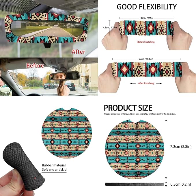 Western Aztec Car Seat Covers Set of 15 with Universal Steering Wheel Cover, Rearview Mirror Cover, Car Trash Can, Seatbelt Pads, Cup Holder Coasters, Keychains
