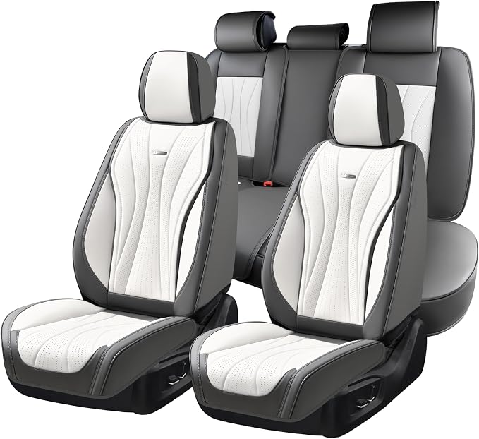 Coverado Front and Back Seat Covers, Waterproof Car Seat Cover, 5 Seat Leather Seat Cover for Cars, Universal Car Seat Protector, Automotive Seat Cover Car Seat Cushion Fit for Most Cars (Gray&White)