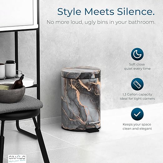 Sanilo Small Bathroom Trash Can with Lid [1.3 Gallon], Lidded Tiny Trashcan for Garbage, Mini Metal Bin with Soft Closing Mechanism, Bath Room Accessoire Wastebin with Inner Bucket (Marble Abstract)