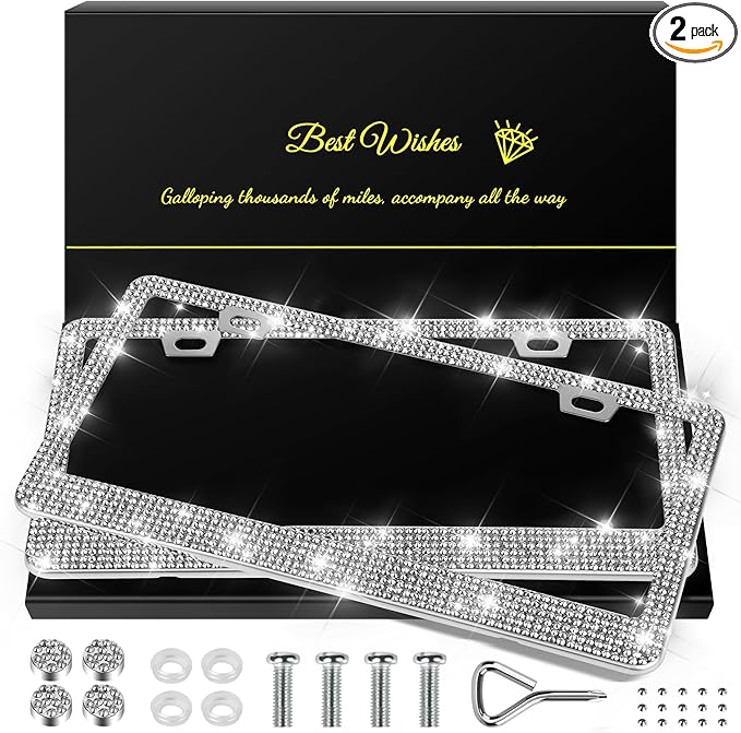 QUANQIUFEI 2 Pack Bling License Plate Frames for Women, Sparkly Rhinestone Diamond Car Accessories with Glitter Crystal Caps (Silver)