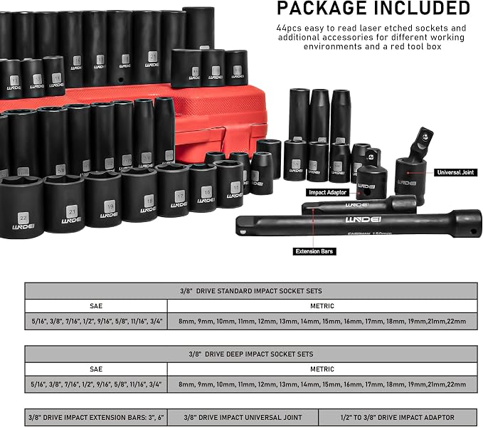 LLNDEI 19PCS 3/8-Inch Drive Extra Long Allen Hex Bit Socket Set &48PCS 3/8" Drive Impact Socket Set
