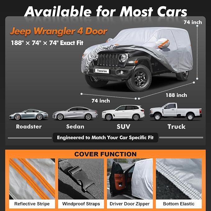 Car Cover Waterproof All-Weather,Heavy-Duty Outdoor Full Exterior Automobiles Snow Cover for Jeep Wrangler 4 Dr/Unlimited 4 Door JK JL(1987-2026),with Windshield Sun Shade,Towel&Storage Bag