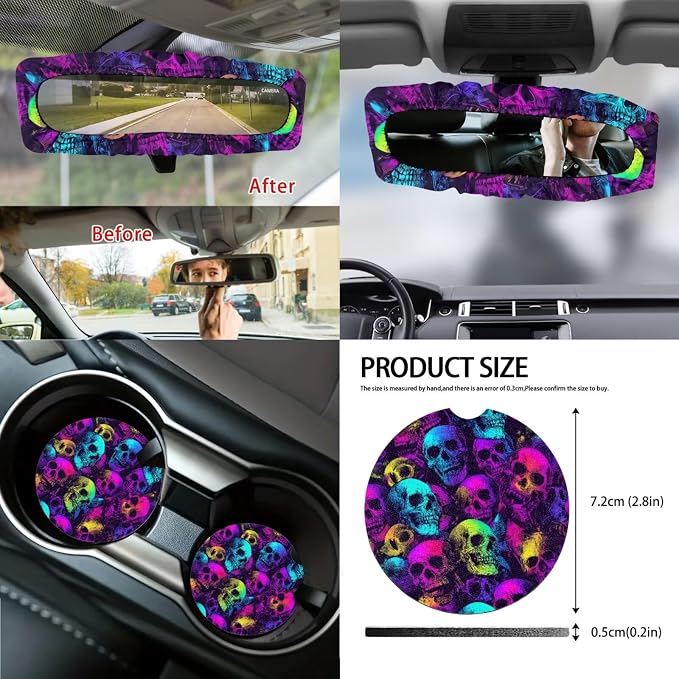 Skull Print 14Pcs Full Set Car Seat Covers with Accessories, High Back Car Front and Rear Seat Covers with Steering Wheel Cover Center Console Pad and Safety Belt Pads, etc