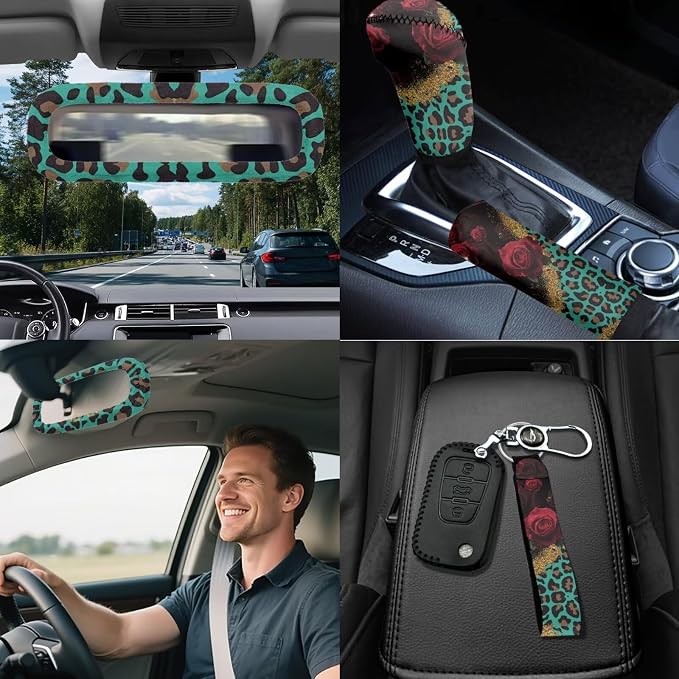 Rose Leopard Print Car Seat Covers Full Set 18 Pcs Universal Car Interior Accessories Set with Leopard Print Car Headrest Covers Seat Belt Pads Cover Funda Para Volante De Carro Universal Fit