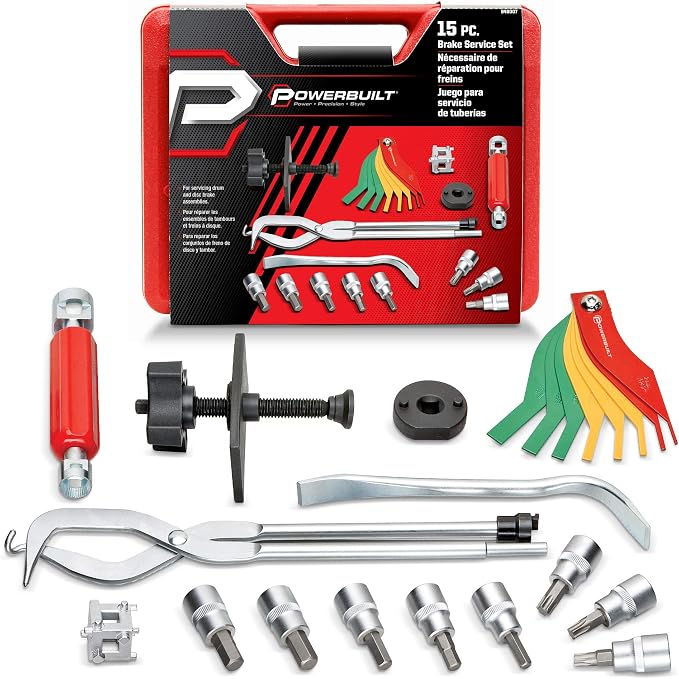 Powerbuilt Brake Service Set, 15 Piece, Remove Springs, Adjust Vehicle Drum Brakes, Spread Disc Pads, Piston Tool, Vehicle Repair Kit 948007