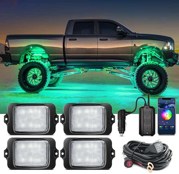 MICTUNING C3 RGBW Rock Lights 4 Pods with Wiring Switch Kit | Expandable to 32 pods, MagicLink APP Control, 160° Wide Beam, IP68 Waterproof Multi-Color Neon Underglow Lights