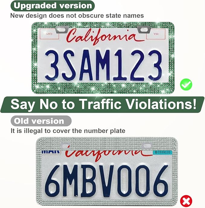 QUANQIUFEI 2 Pack Bling License Plate Frames for Women, Sparkly Rhinestone Diamond Car Accessories with Glitter Crystal Caps (Dark Green)