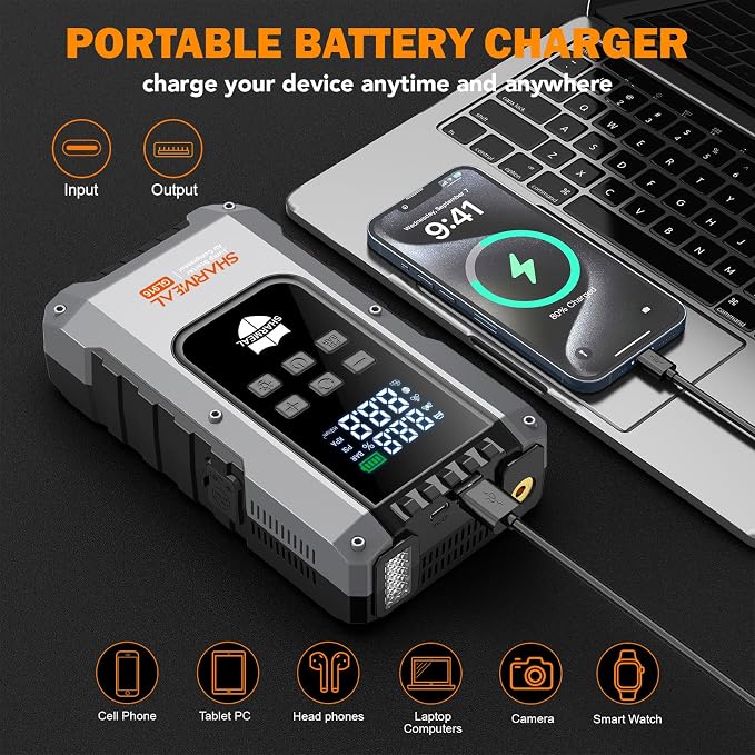 6000A Jump Starter with Air Compressor 160PSI Tire Inflator, 12V Car Battery Fast Charge Portable Jump Starter for All Gas/10L Diesel, Jump Box Pack with 3 Modes Flashlight and Jumper Cables