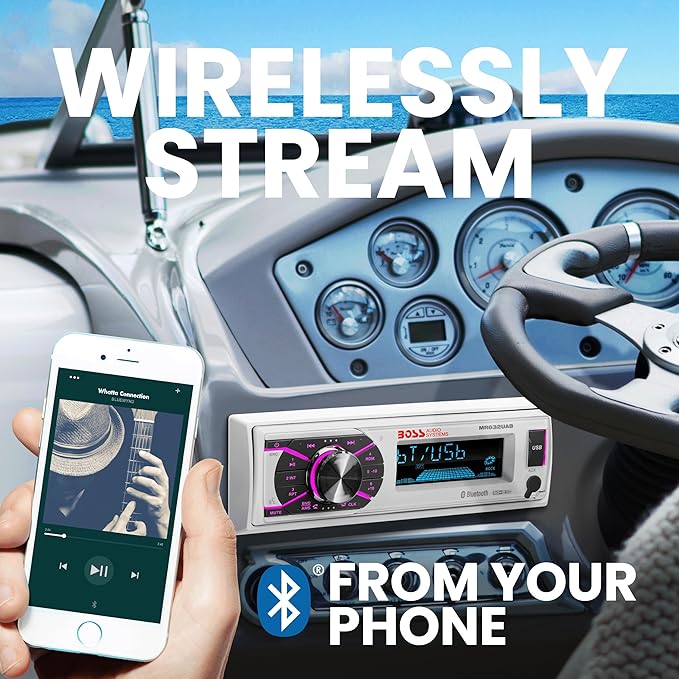 Boss Audio Systems MR632UAB Marine Receiver – Weatherproof, Bluetooth Audio and Hands-Free Calling, USB, MP3, AM/FM, Aux-in, No CD Player, RGB Multi-Color Illumination, Detachable Front Panel, white