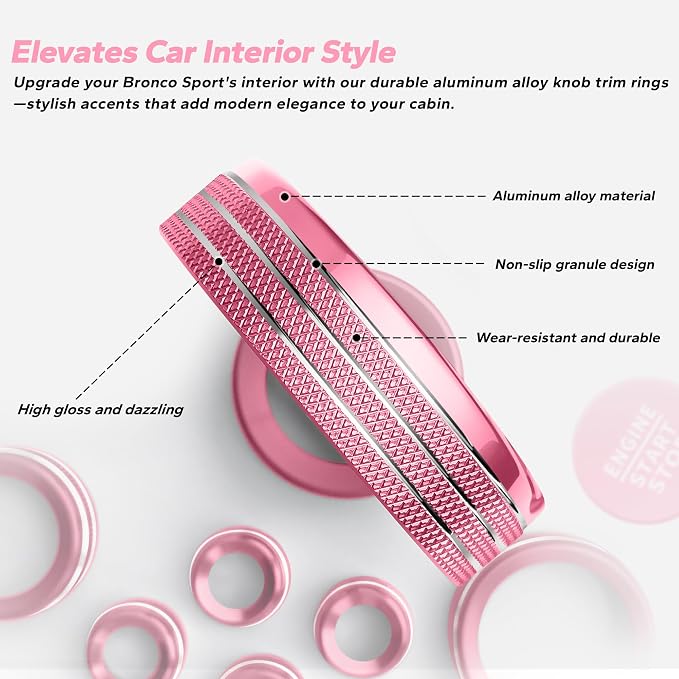 for 2025-2026 Ford Bronco Sport Accessories (Not for Bronco) 9PCS Aluminum Alloy Knob Cover Trim Set for Push Start, Volume, Air Vent Tabs, Headlight & Gear Shift Knob (Pink)