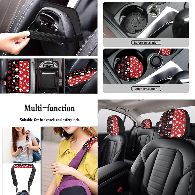 Dog Paw Print Car Seat Cover Sets Full Set Skull Love Print Front and Rear Car Seat Covers Steering Wheel Cover Safety Belt Pads Headrest Protectors Center Console Pad Keychain