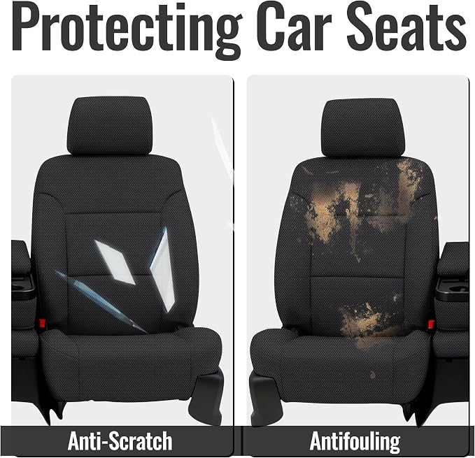 Thickened Composite Fabric Front & Rear Seat Covers for Chevy Silverado & GMC Sierra 1500 2015 2016 2017 2018 Durable Cloth Composite Foam with Headrest and Console Covers- Black