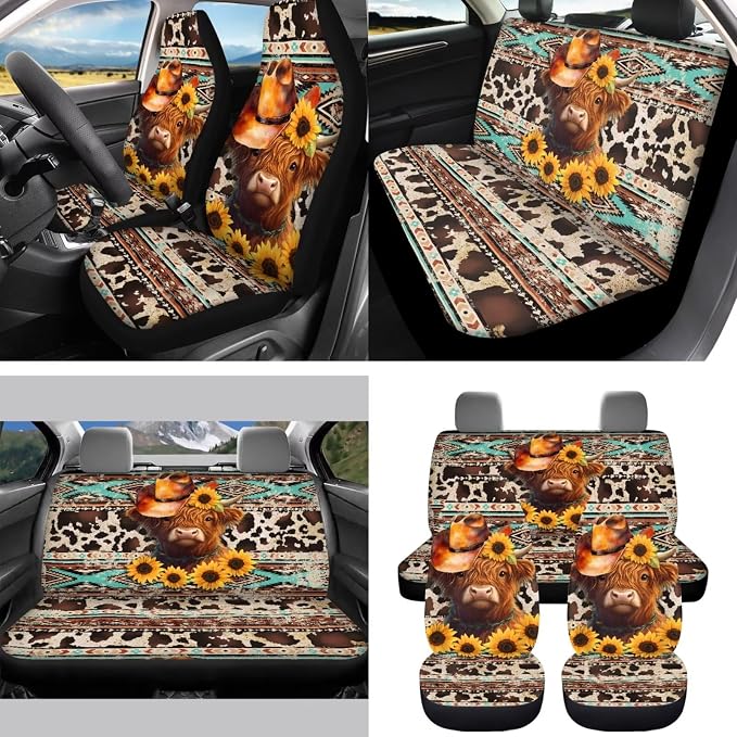 Highland Cow Car Seat Covers Set of 15 with Universal Steering Wheel Cover, Sunflower Rearview Mirror Cover, Aztec Car Trash Can, Seatbelt Pads, Cup Holder Coasters, Keychains