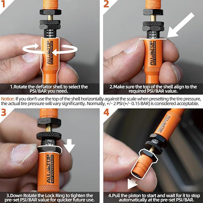 ALL-TOP Adjustable Auto-Stop Tire Deflator Valve Kit (10-30PSI) 8 PCS Tyre Air Down Tool with Screw-On Back-up Valve Caps for Offroad 4x4 (2nd Gen) (Orange, Tire Deflator, 8PCS)
