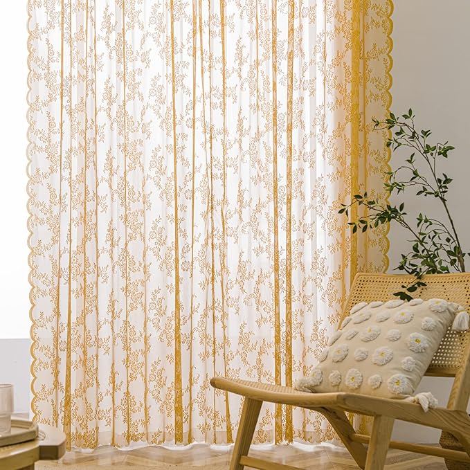 Sutuo Home Gold Lace Curtains 84 Inches Long 2 Set, Sheer Panels Floral Embroidery Vintage Voile Window Treatment Pair for Bedroom Living Room Kitchen, Retro Christmas Decor Rod Pocket, W57 x L84