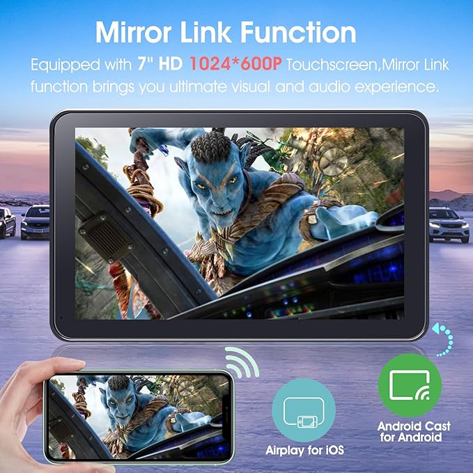 Wireless CarPlay Screen for Car, 7" HD Portable Stereo Touchscreen with Apple CarPlay & Android Auto, CarPlay Screen with Backup Camera, Mirror Link, Bluetooth, Navigation for All Vehicle