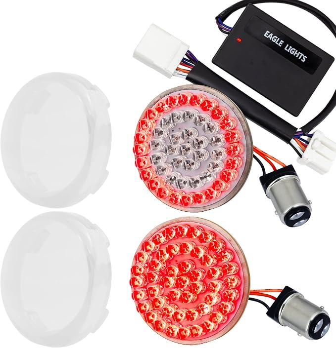 Eagle Lights 8748RTS-C-EE 2 Inch Rear LED Turn Signals with Halo Running Lights and Brake Lights Compatible With Harley Davidson® Motorcycles - 1157 Base/Red/Add Clear Lenses/Add Load Equalizer