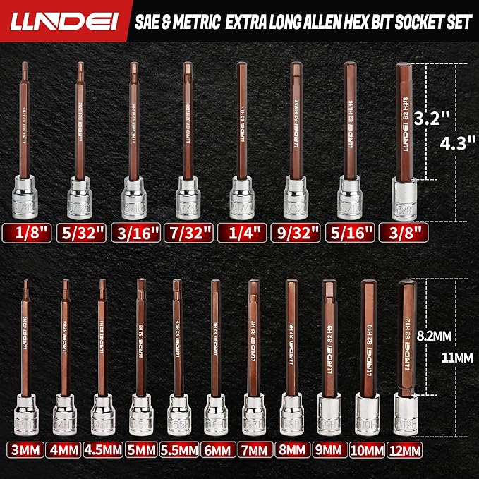 LLNDEI 63 PCS 1/4-Inch Impact Socket Set&19PCS 3/8-Inch Extra Long Allen Socket Set