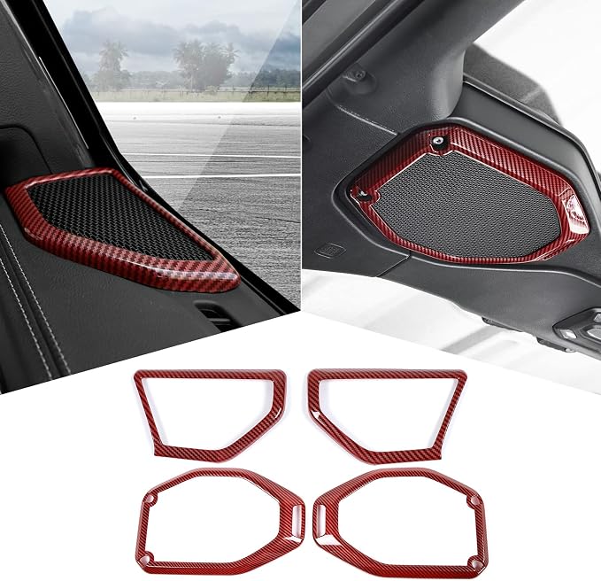 A Pillar Speaker Trim Cover & Roof Speaker Audio Trim Cover Ring Kit Decoration Interior Accessories for Jeep Wrangler JL JLU & Gladiator JT 2018-2022,Red Carbon Fiber