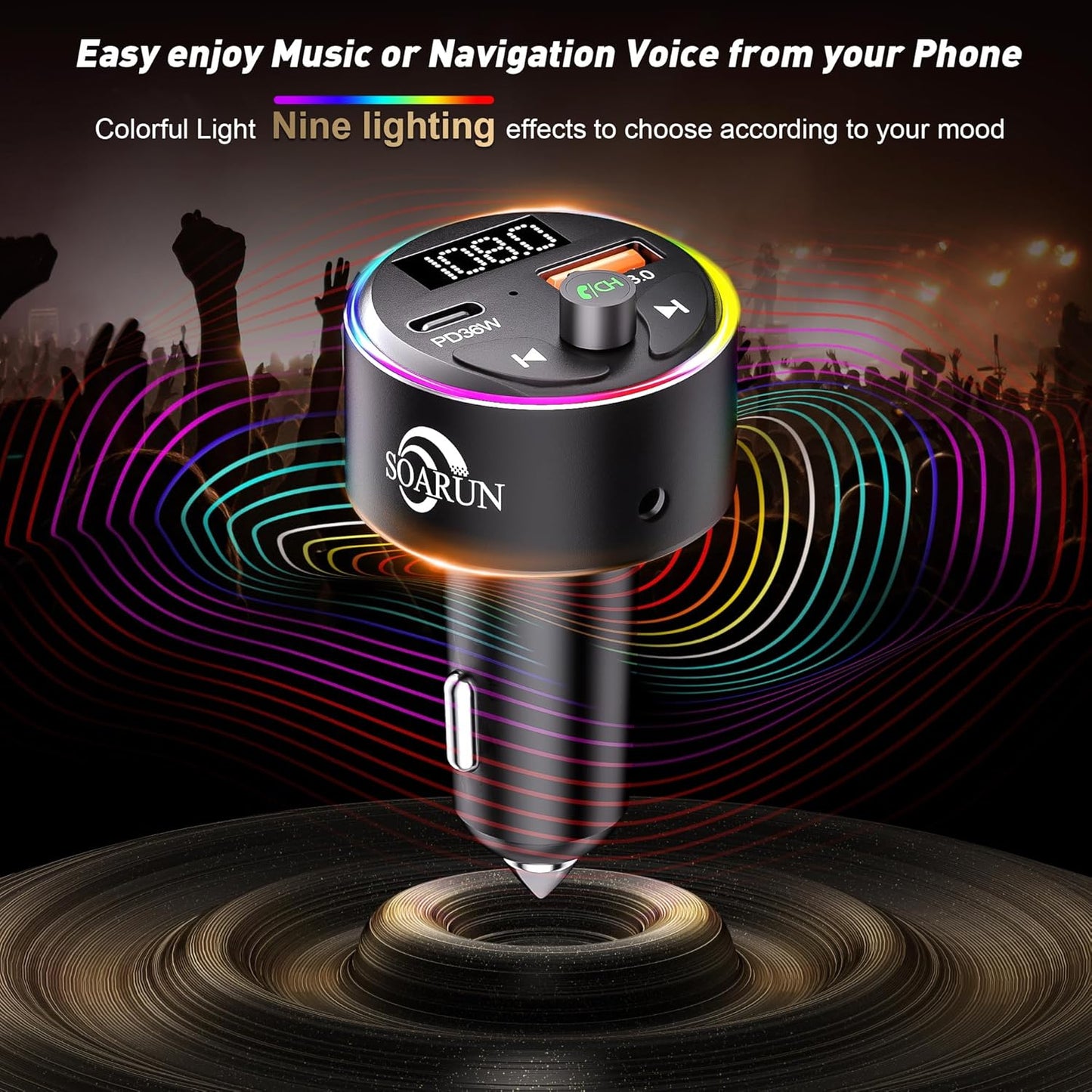 FM Transmitter Bluetooth 5.3, 54W Fast USB Car Charger [PD 36W& QC3.0 18W] Cigarette Lighter Wireless Radio Adapter Supports Hands-Free Call, Aux 3.5mm, 9 Colors LED Backlit