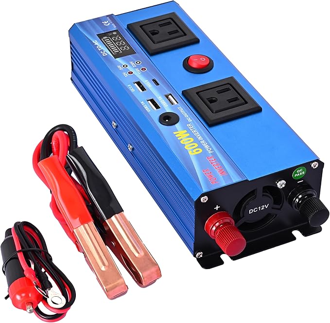 600W Continous Output Power Inverter DC 12V to 110V AC Converter with 4 USB Ports, 2 AC Outlets, 1 DC Output, LED Display for Road Trip, Camping, RV, Truck, Car, Pickup Truck