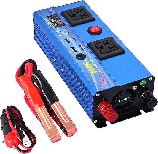 600W Continous Output Power Inverter DC 12V to 110V AC Converter with 4 USB Ports, 2 AC Outlets, 1 DC Output, LED Display for Road Trip, Camping, RV, Truck, Car, Pickup Truck