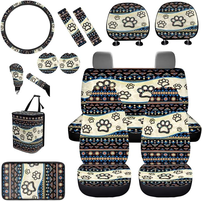BIGCARJOB 15 Pack Southwest Tribal Paw Car Seat Cover Full Set Auto Seat Headrest Cover Universal Steering Wheel Cover Car Trash Can Hanging Automotive Interior Sets