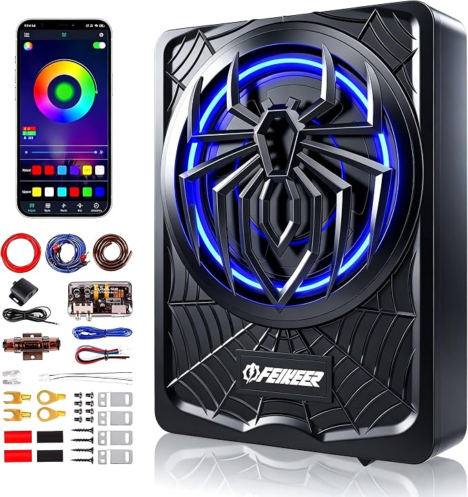 NEW 10" Slim Under Seat Powered Car Subwoofer with Built in Amp.All-in-One Subwoofer and Amp Package for Car/Truck/SUV Audio System,Individual Control for Low Pass/Gain/Boost Bass.Deep Bass Perfect