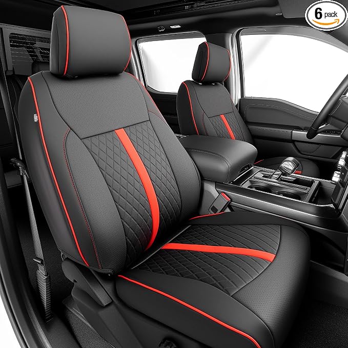 TAPTES Car Seat Covers Custom Fit for Ford F150 2015-2026, Only Front Row Set Leather Waterproof Protector Trucks Pickup Seat Cushion for F-150 SuperCrew XL XLT Interior Accessories 6Pcs (Black & Red)