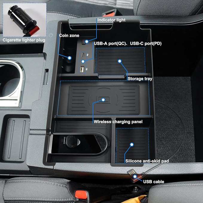 Wireless Charger for Toyota Tundra 2014-2021, Center Console Organizer Tray USB-A USB-C Fast Phone Charging Panel Pad Armrest Storage Box for Toyota Tundra 2017 2018 2019 2020 Accessories