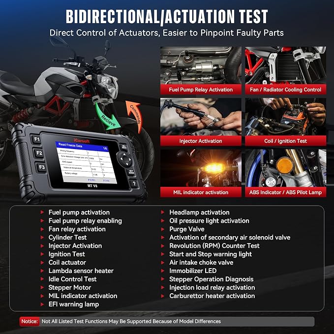iCarsoft MT V6 Motorcycle OBD2 Scanner for Aprilia, Full-System Motorcycle Bidirectional Diagnostic Tool with 88 Resets & 122 Active Test, Battery Test, 2 in 1 Motor Scan Tool+Car OBD2 Diagnostics
