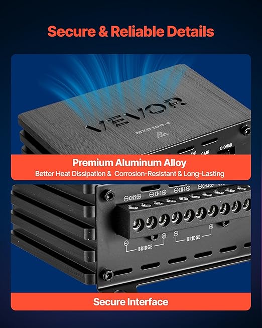 VEVOR 4 Channel Car Audio Amplifier 2 Ohm Stable Bridgeable Class D Full Range Amp Max Power 4 x 110W @ 4 Ohm / 4 x 160W @ 2 Ohm for Car SUV Truck Off-Road
