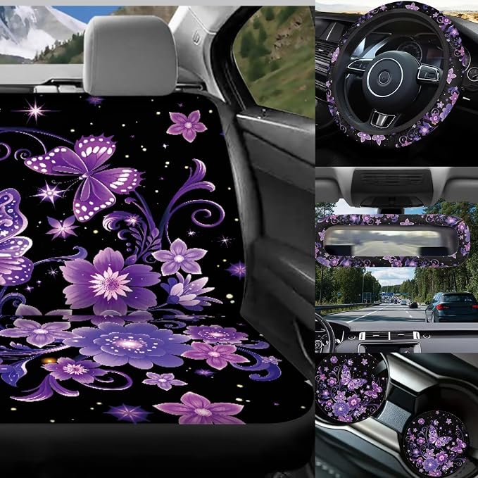 Purple Butterfly Car Seat Cover Full Sets Butterflies Flower Car Accessories 17 Pieces with Car Headrest Cover,Seatbelt Covers,Auto Seat Head Rest Protector for Auto Front Seat Rest Decor
