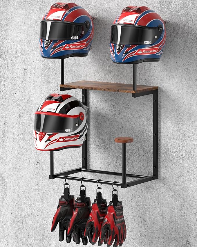 Motorcycle Helmet Holder Wall Mount, Helmet Rack with 4 Glove Clips, Motorcycle Gear Rack Storage, Motorcycle Accessories Organizer for Entryway or Garage