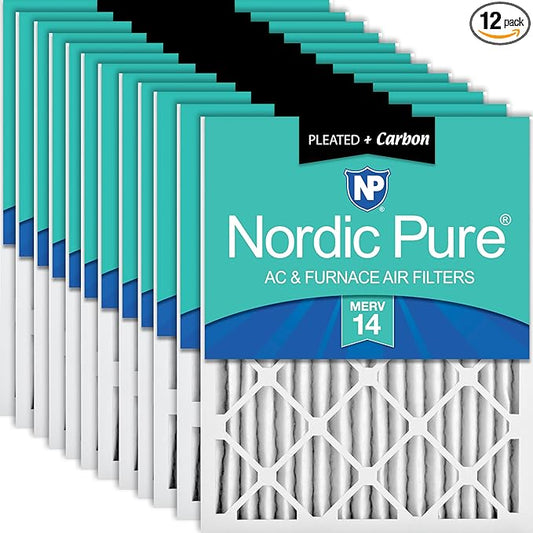 Nordic Pure 14x20x2 (Actual Size: 13 1/2 x 19 1/2 x 1 3/4) Pleated Air Filters MERV 14 Plus Carbon 12 Pack