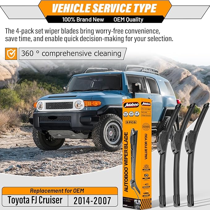 AUTOBOO 16"+14"+14" Windshield Wiper Blade for Toyota FJ Cruiser 2014-2007 -Original Equipment Replacement (Pack of 3)