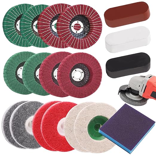 18Pcs 4 Inch Buffering Wheels Polishing Kit with Compound for Angle Grinder,Includes 14Pcs Nylon Fiber Flap Disc & Wool Felt Polishing Wheel,3Pcs Buffing Compounds and Sanding Sponge