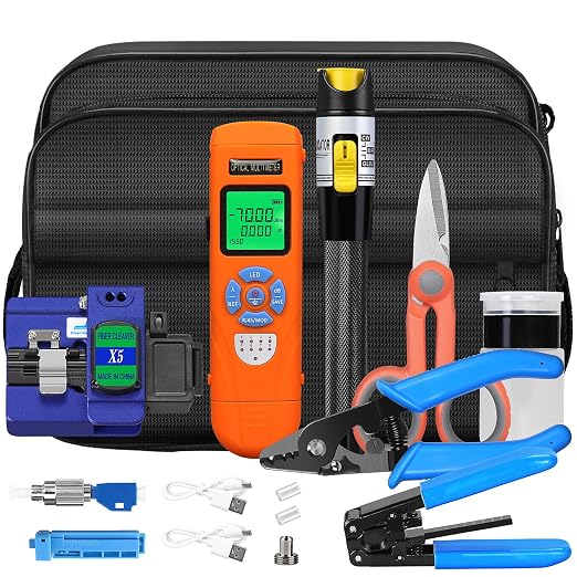 Fiber Optic Termination Tool Kit 11-in-1 Equipped Rechargeable Optical Power Meter L-C7 (-70 - +10 dBm) & VFL, Fiber Cleaver X5 and Wire Stripping Pliers, FTTH Hot melt/Cold Connection Tool Kit