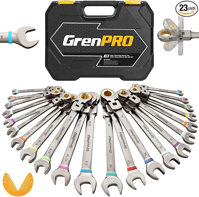 GRENPRO 23PCS Flex-Head Ratcheting Wrench Set, Combination Ratchet Wrenches Set Metric and Standard & SAE with Organizer Box, 6-18mm & 1/4" to 3/4" with Color Ring, Nickel Plating Socket Mechanic Tool