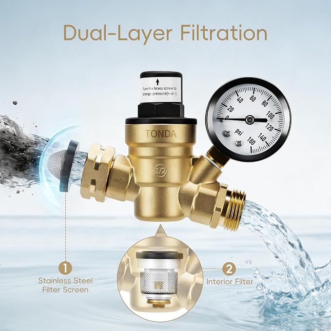 TONDA RV Water Pressure Regulator, Brass Lead-Free Adjustable Pressure Regulator with Gauge and Inlet Screen Filter for RV Camper Travel Trailer Water Hose