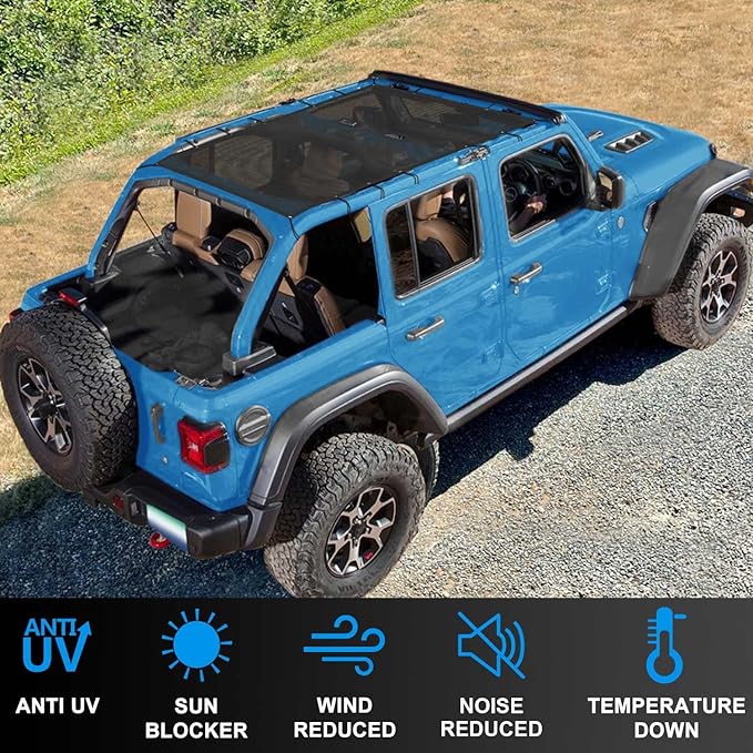 JL Top Sun Shade Roof Compatible with Jeep Wrangler 2 or 4 Door 2018 to 2023 Sunshade Sunroof Cover Blocks UV Wind Noise Black Mesh for Full Length