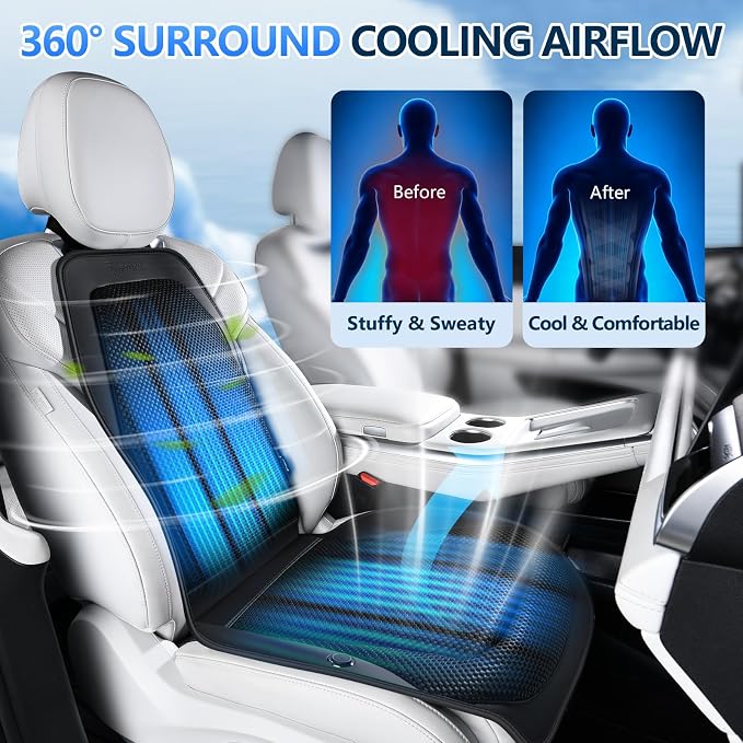 Upgraded Cooling Car Seat Cover Front Seat with Blowing&Suction, 12V-24V Ventilated Car Seat Cushion with 8 Turbo Fans, 3-Speed Adjustable Universal Fit Breathable Car Cushion for Summer Driving-Black