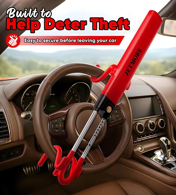 Jetmore Car Steering Wheel Lock Anti-Theft Device, Wheel Locks for Cars, Dual Hooks, Car Lock Steering Wheel, Car Anti-Theft Device, Saw-Resistant Alloy Steel, for Cars, SUVs & Trucks