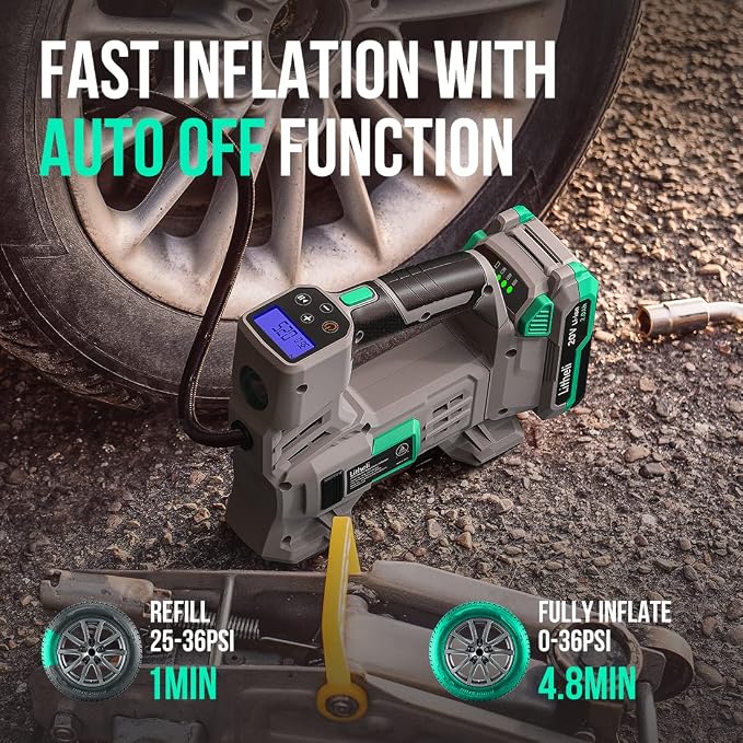 Litheli 20V Air Compressor Tire Inflator, Portable Pump for Car, Bike, Sports Ball, Battery Powered with Digital Pressure Gauge, 3 Nozzle Adapters, 150 PSI, Includes 2.0Ah Battery & Charger