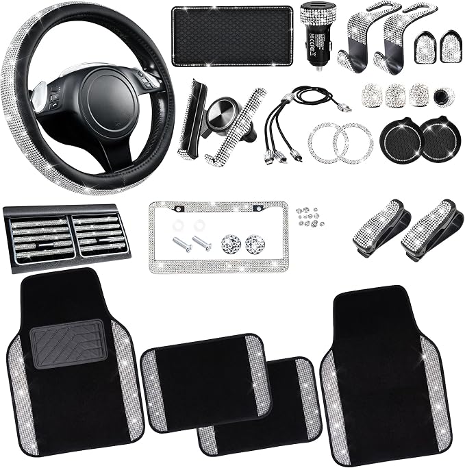 CAR PASS 30 PCS Bling Car Accessories Set for Women, Bling Steering Wheel Covers 15 Inch, Shining Rhinestone License Plate Frame, Sparkly Diamond Phone Holder, Car Mats Full Set, Silver
