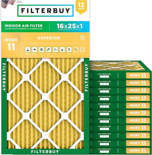 Filterbuy 16x25x1 Air Filter MERV 11 Superior Pet & Allergy Defense (12-Pack), Electrostatic Pleated HVAC AC Furnace Filters Replacement (Actual Size: 15.50 x 24.50 x 0.75)