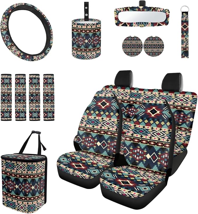 Tribal Pattern Car Seat Covers Set of 15 with Universal Steering Wheel Cover, Rearview Mirror Cover, Car Trash Can, Seatbelt Pads, Cup Holder Coasters, Keychains